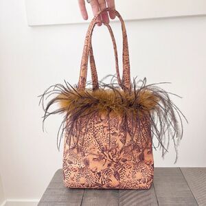 VTG 00s Y2K Leopard Faux Fabric Purse Tote Ostrich Feathers Trim Fran The Nanny
